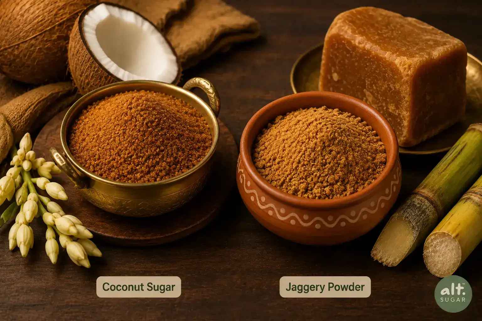 Coconut sugar and jaggery powder traditional Indian natural sweeteners