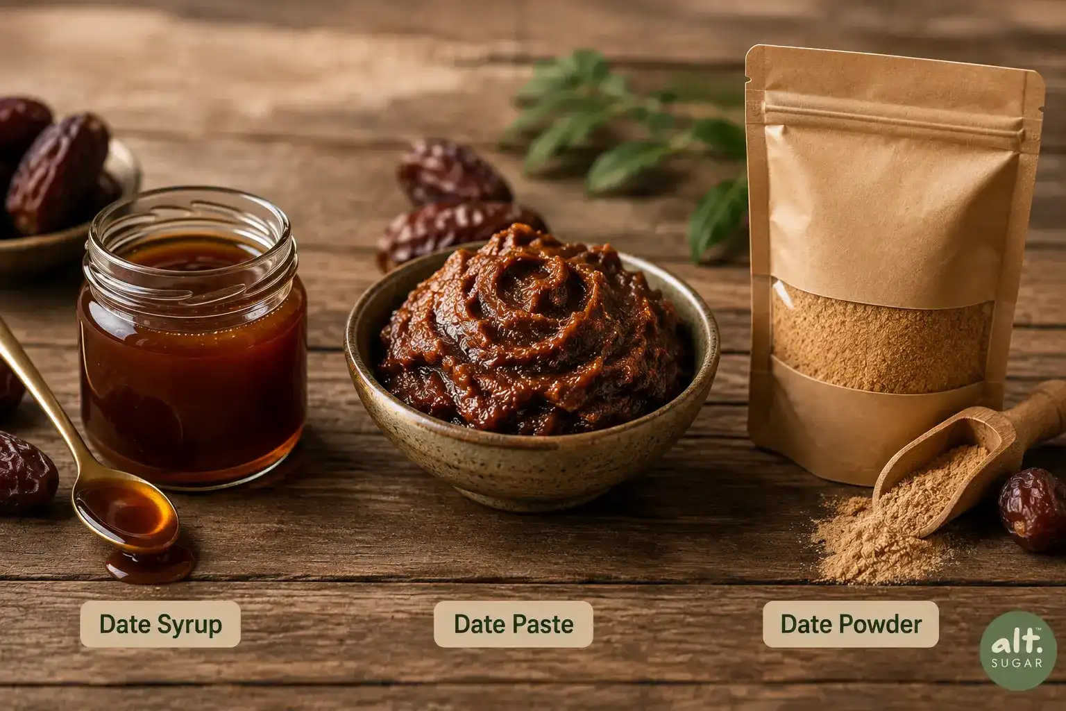 Date powder, date paste and date syrup natural sweetener forms