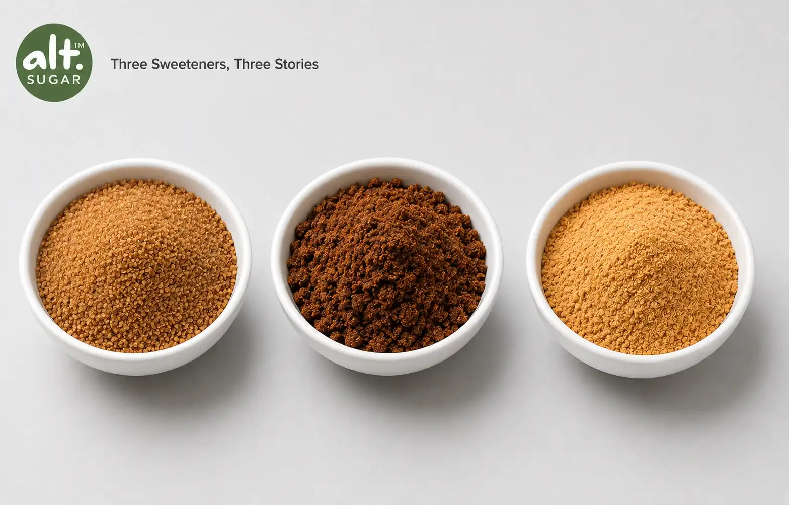 Natural sweetener comparison — coconut sugar jaggery date powder side by side | AltSugar™