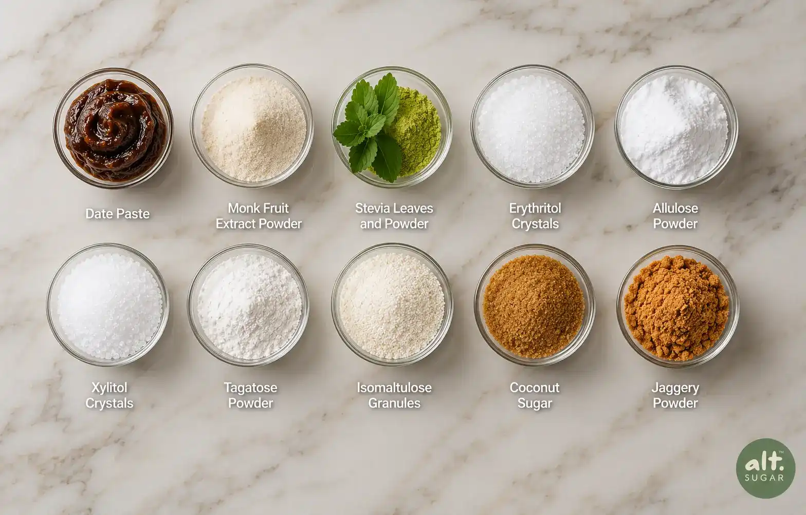 Natural sweeteners list comparison showing 10 healthy sugar alternatives