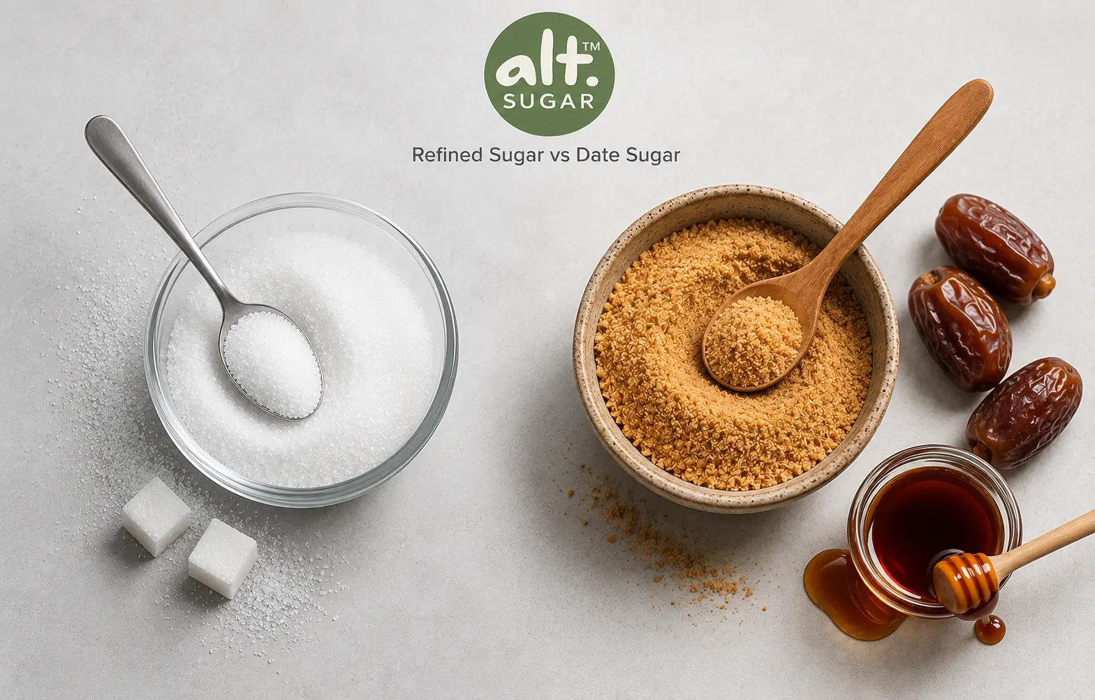 Refined sugar vs date sugar comparison — clean label natural sweetener | AltSugar™