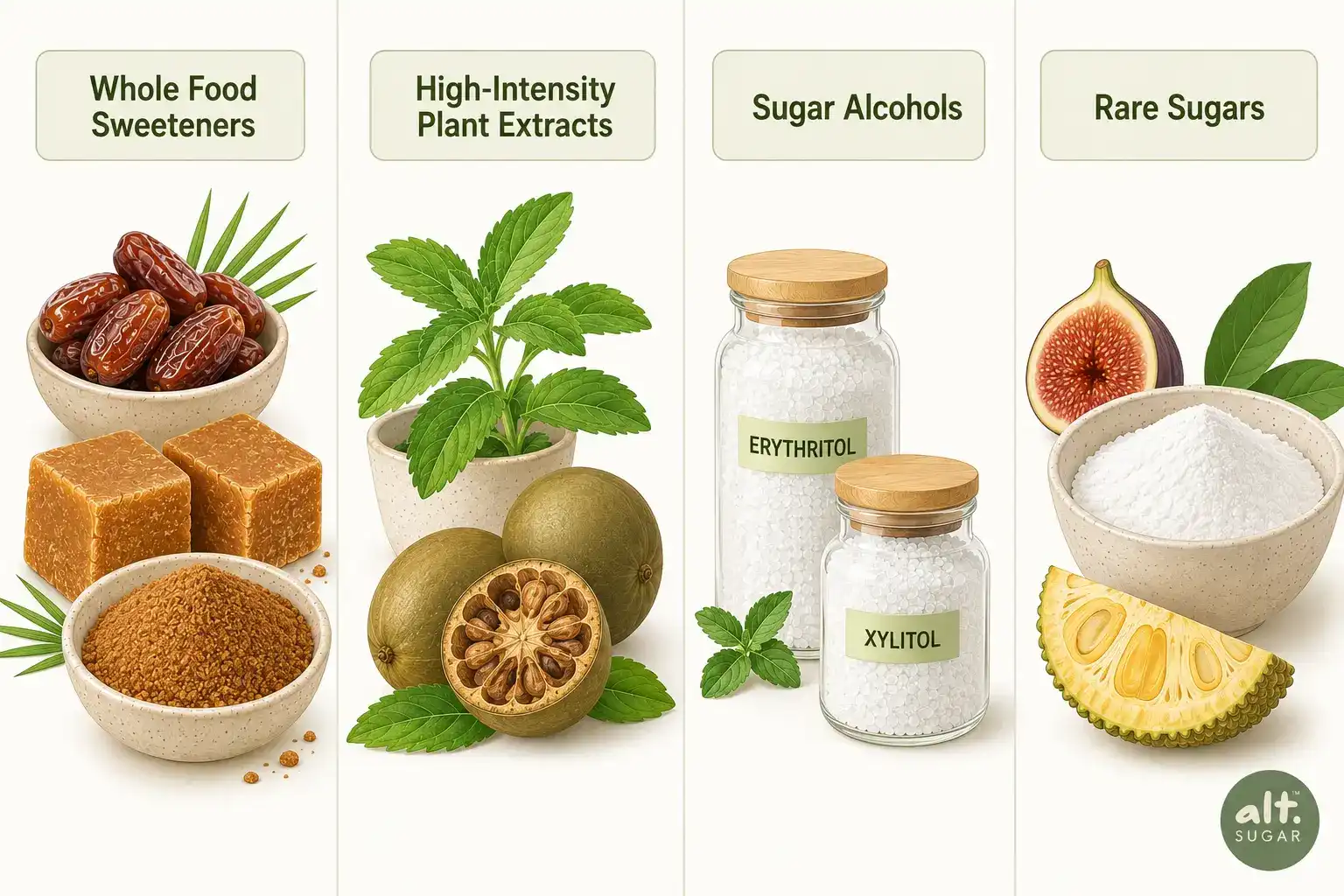 Types of natural sweeteners infographic - whole food, extracts, sugar alcohols, rare sugars
