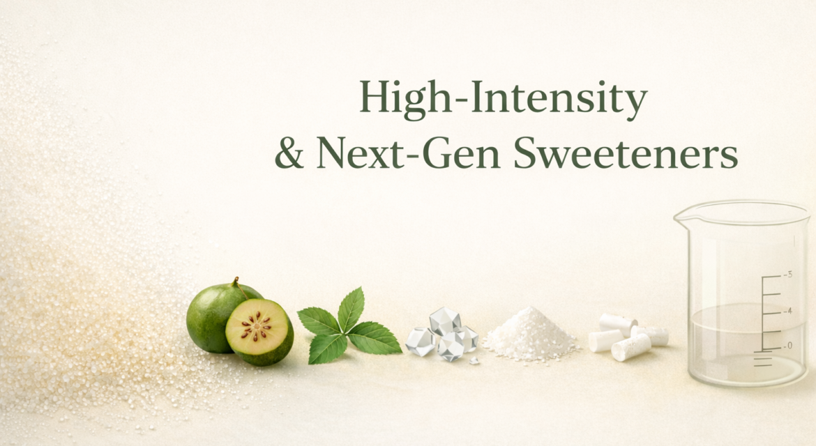 High-intensity and next-gen sweeteners including monk fruit, stevia, erythritol, allulose, and xylitol for clean-label food formulation