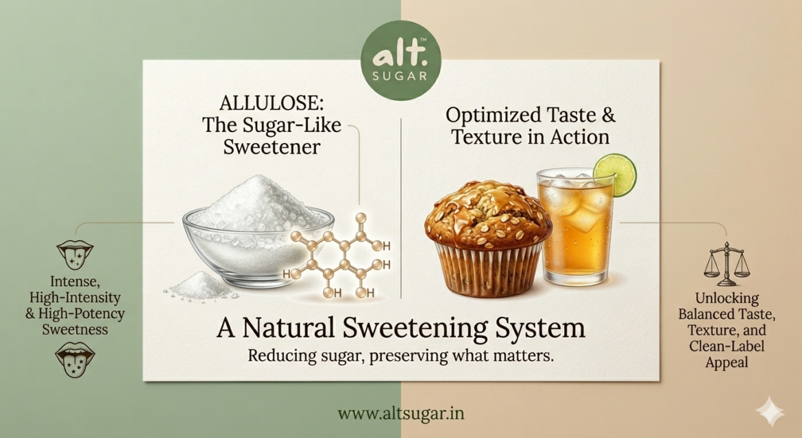 Allulose hero banner showing a sugar-like sweetener system with a clean reformulated product and natural ingredient cues.