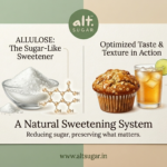 Allulose hero banner showing a sugar-like sweetener system with a clean reformulated product and natural ingredient cues.
