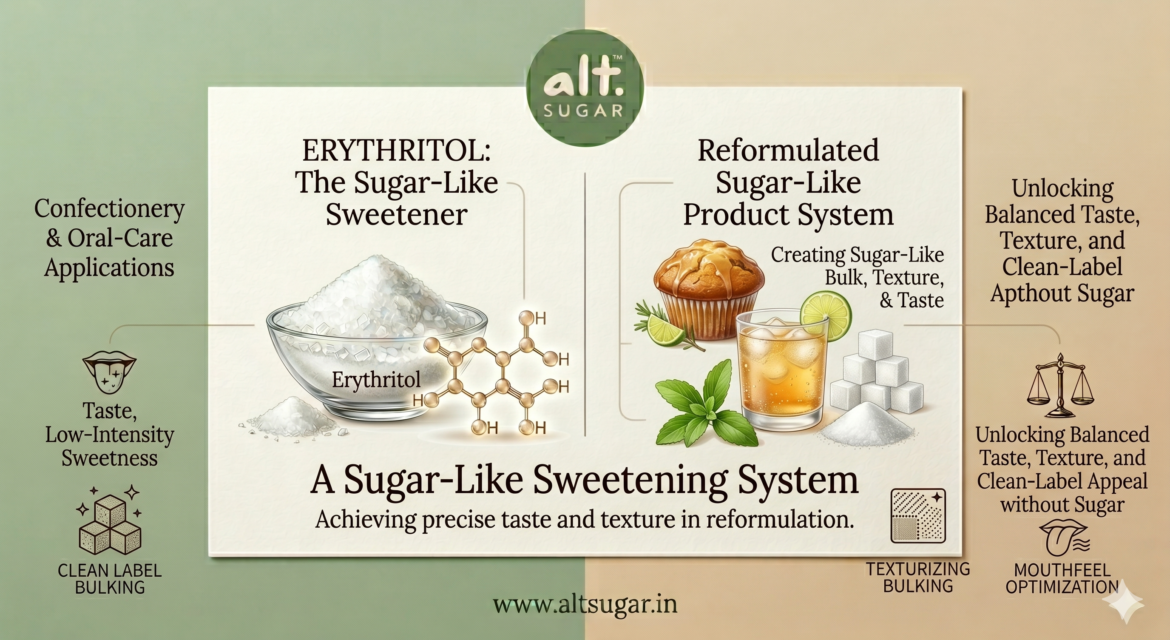 Erythritol hero banner showing a sugar-like sweetening system with clean ingredient cues and a reformulated product.