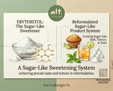 Erythritol hero banner showing a sugar-like sweetening system with clean ingredient cues and a reformulated product.