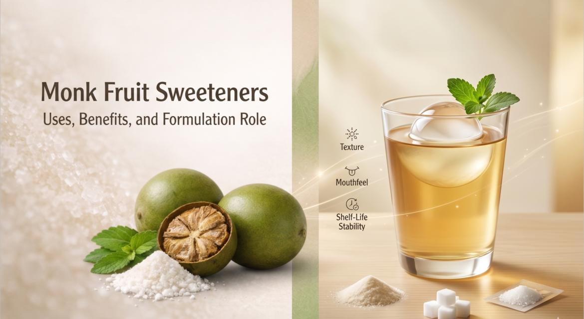 Split hero banner showing monk fruit extract alongside a clean reformulated product, illustrating monk fruit as a natural sweetener system.