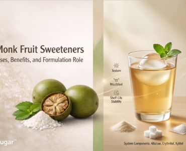 Split hero banner showing monk fruit extract alongside a clean reformulated product, illustrating monk fruit as a natural sweetener system.