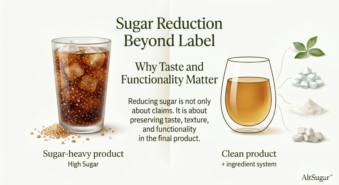 Split banner showing a sugar-heavy drink and a clean reformulated drink with natural sweetener icons, illustrating sugar reduction beyond label claims.