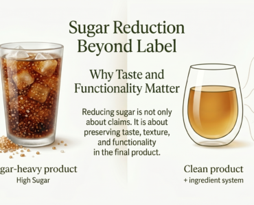 Split banner showing a sugar-heavy drink and a clean reformulated drink with natural sweetener icons, illustrating sugar reduction beyond label claims.