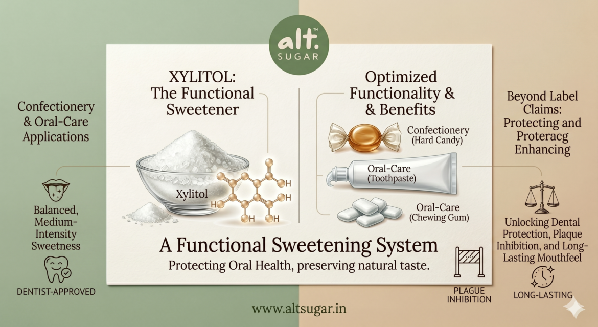 Xylitol hero banner showing a functional sweetener system for confectionery, oral care, and clean-label reformulation.